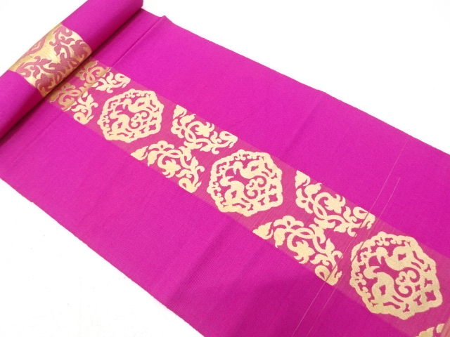 JAPANESE KIMONO / ANTIQUE BOLT FOR HASSUN OBI / SILK / CHIKUZEN HAKATA / WOVEN BIRDS & FLORAL CREST